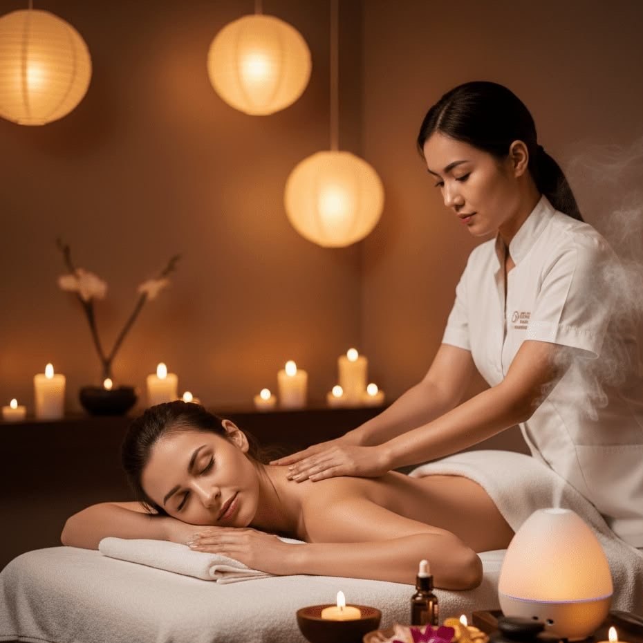 A therapist giving a relaxing back massage by candlelight